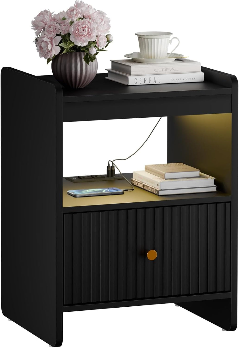 HIFYOBRO 21.6" Fluted Nightstand, End Table with Charging Station and LE...