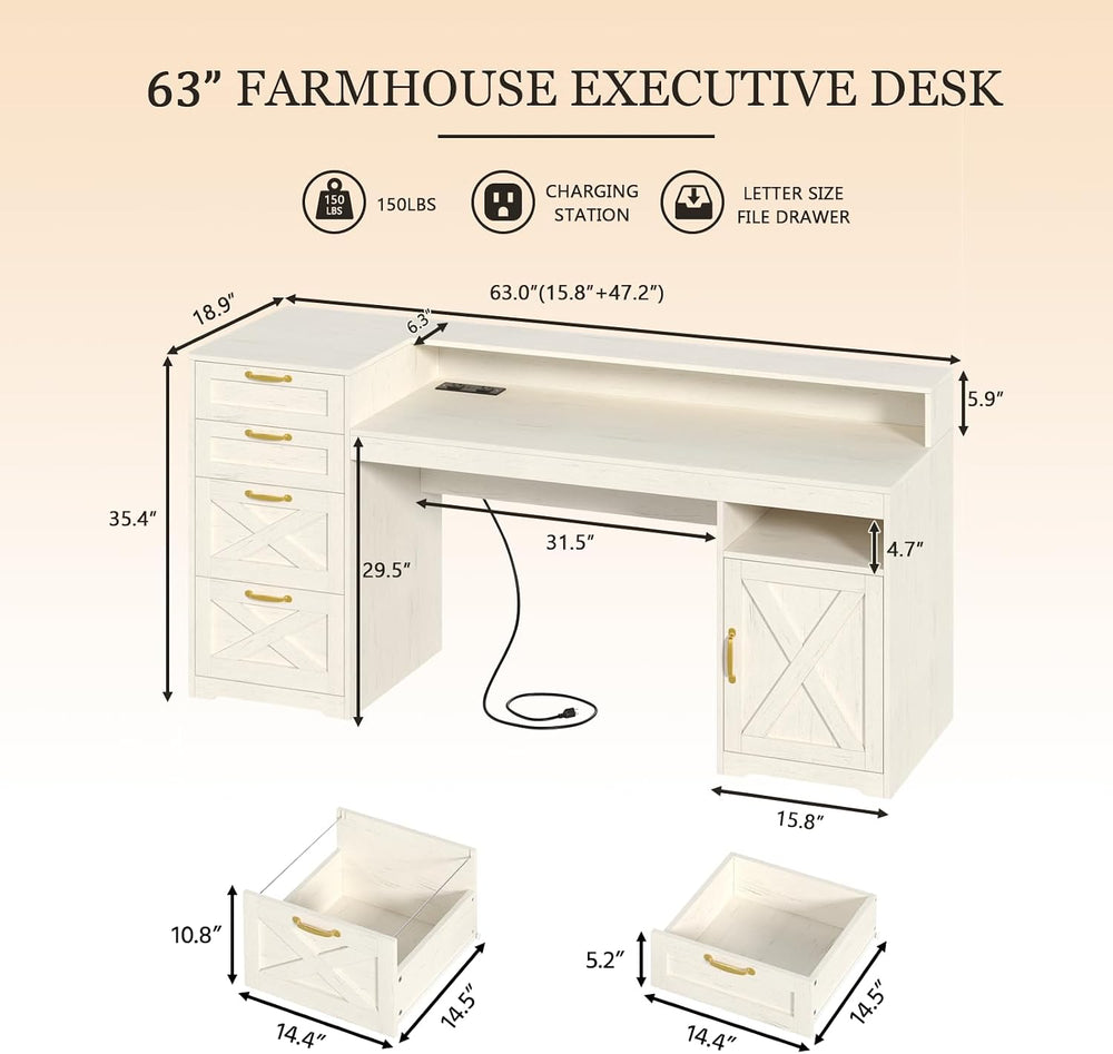 63" Farmhouse Computer Desk with 4 Drawers for Home Office, Bedroom