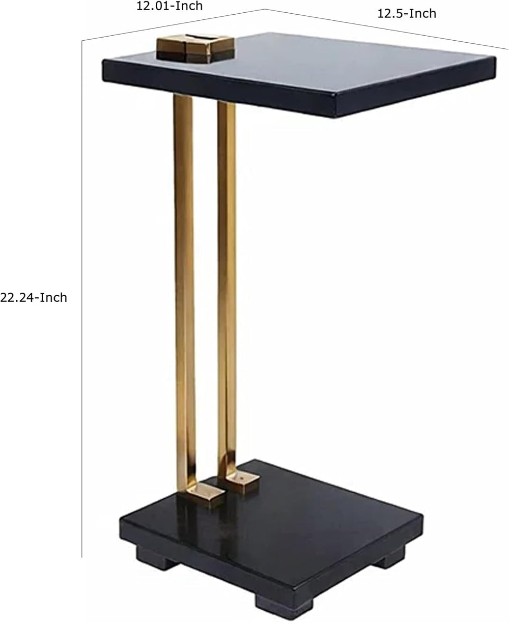 Benzara Dani Side End Table, Square Black Marble Top and Base, C Shape, 13 Inch