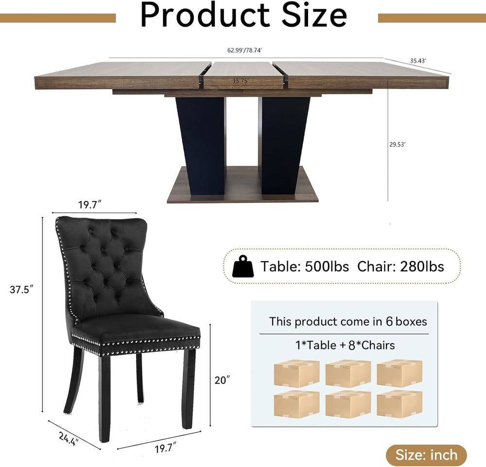 Rustic 9 Piece Dining Table Set, 62.99"-78.74" Extendable Dining Ta...