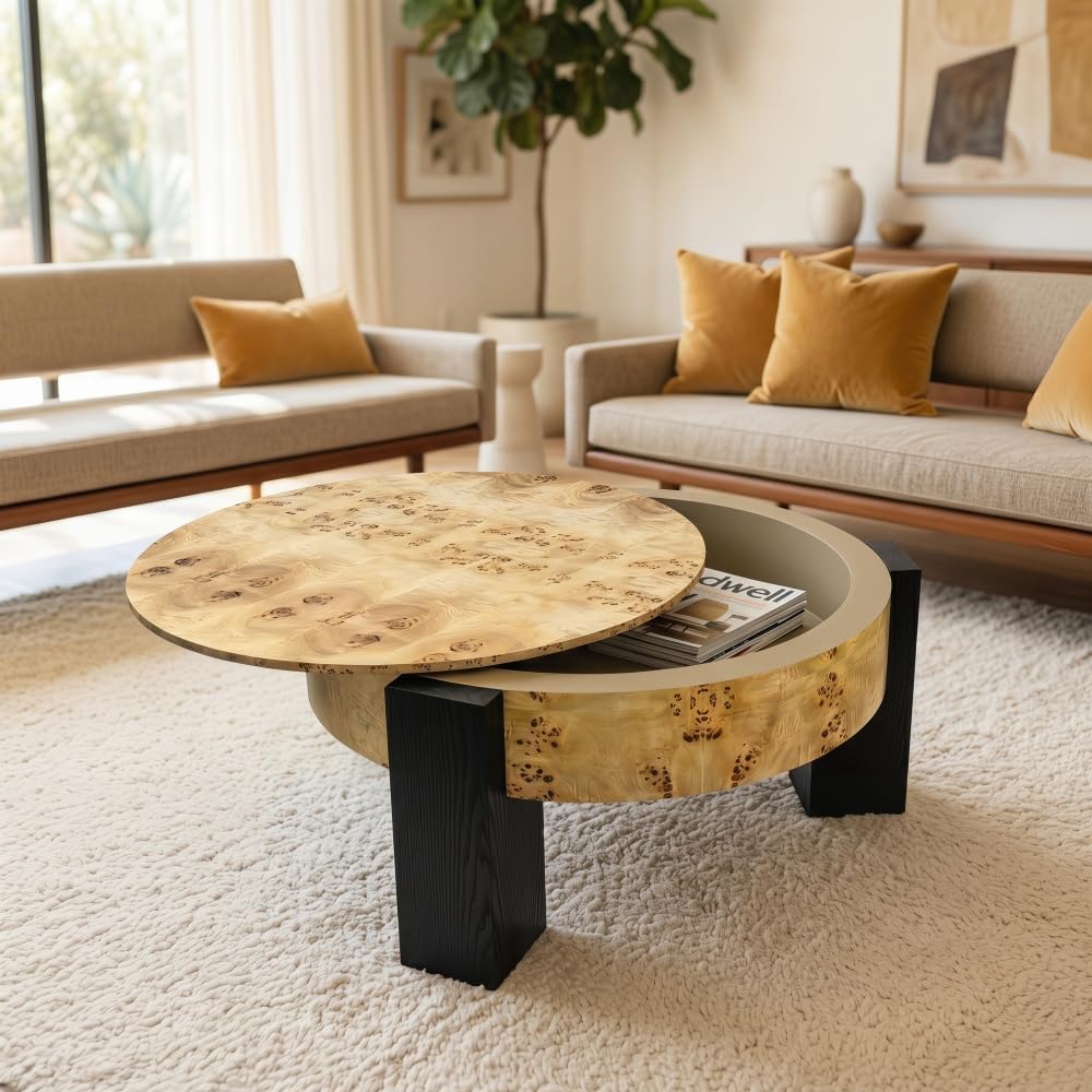 33'' Round Burl Wood Storage Coffee Table, Organic Modern Hidden Comp...