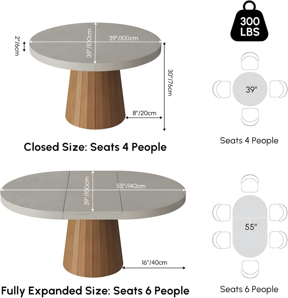 homary Extendable Dining Table for 6 Round to Oval 39"-55", Solid W...