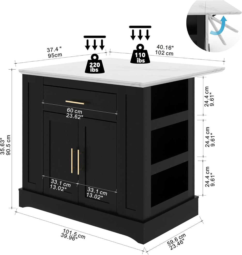 FUSUNBAO Large Kitchen Island with Storage, Drop Leaf & Outlet,Black | Po...