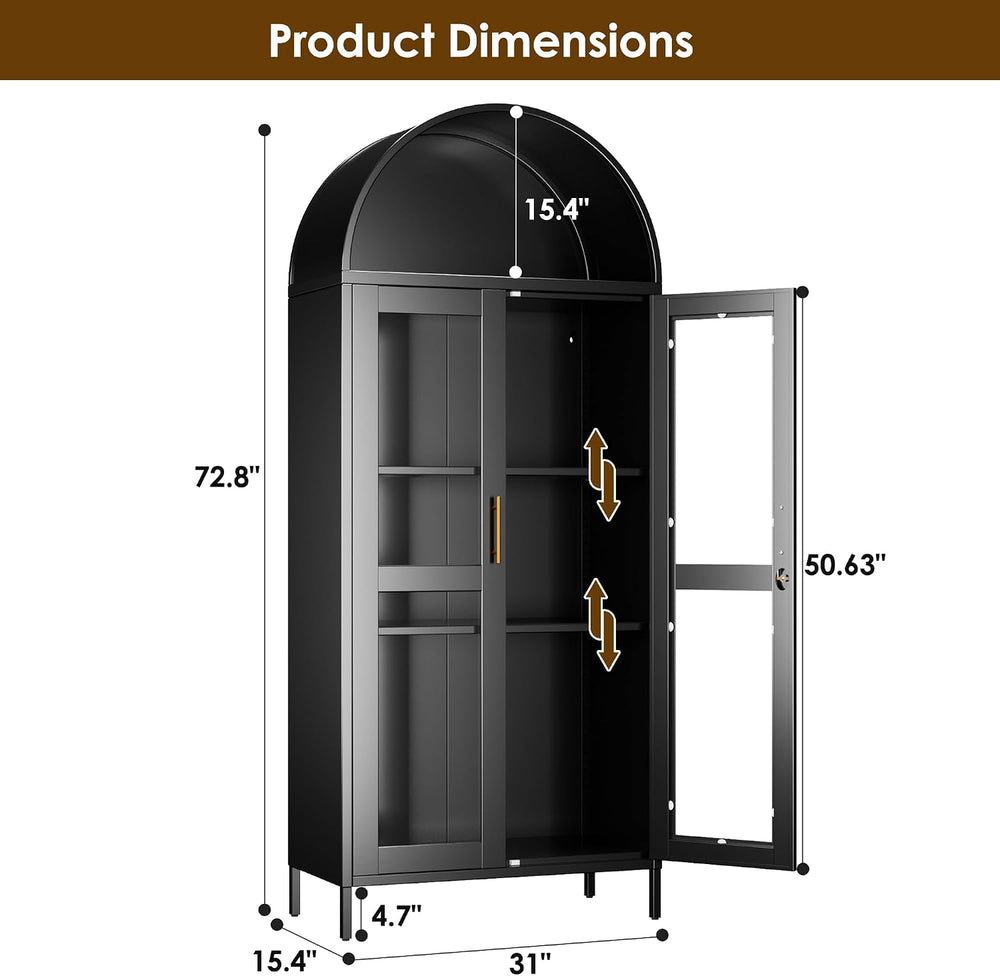 72.8" Tall Display Cabinet with Glass Doors, Metal Arched Cabinet with 2...