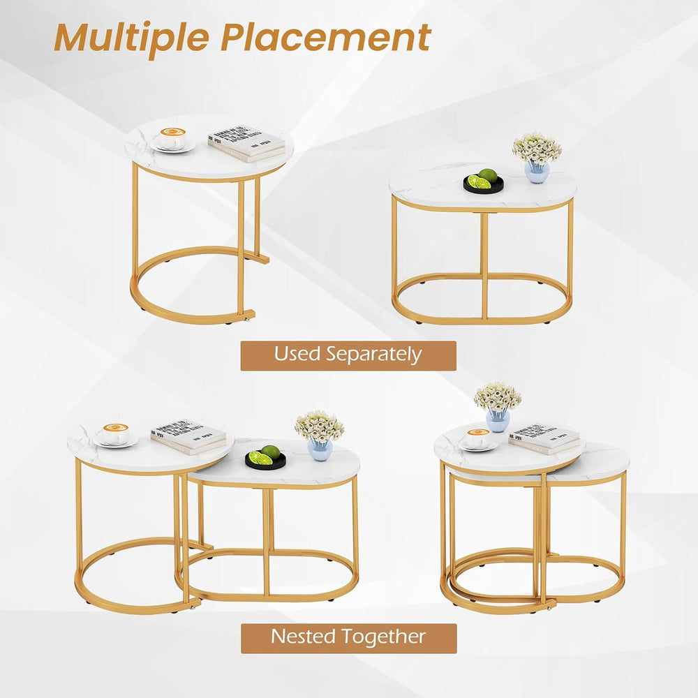 CASART Set of 2 Nesting Tables, Faux Marble Stacking Sofa Side Tables 2PCS Ro...