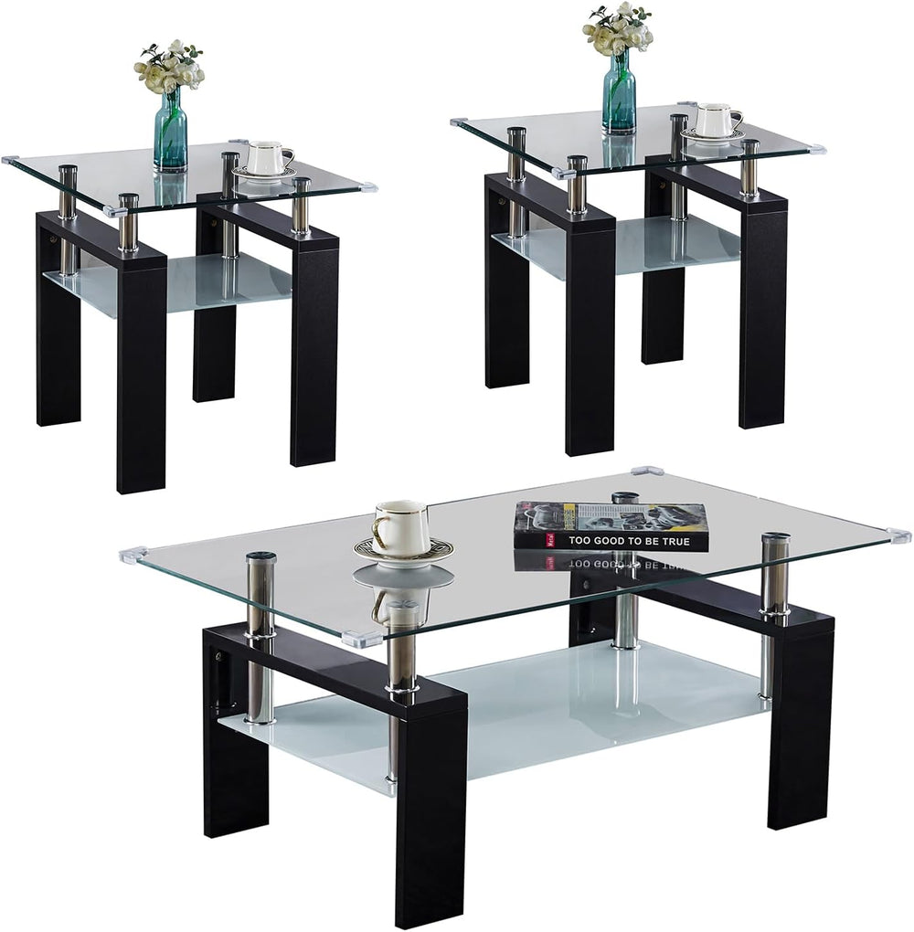 3 Piece Black Living Room Table Set, Rectangular Modern Glass Coffee Table an...