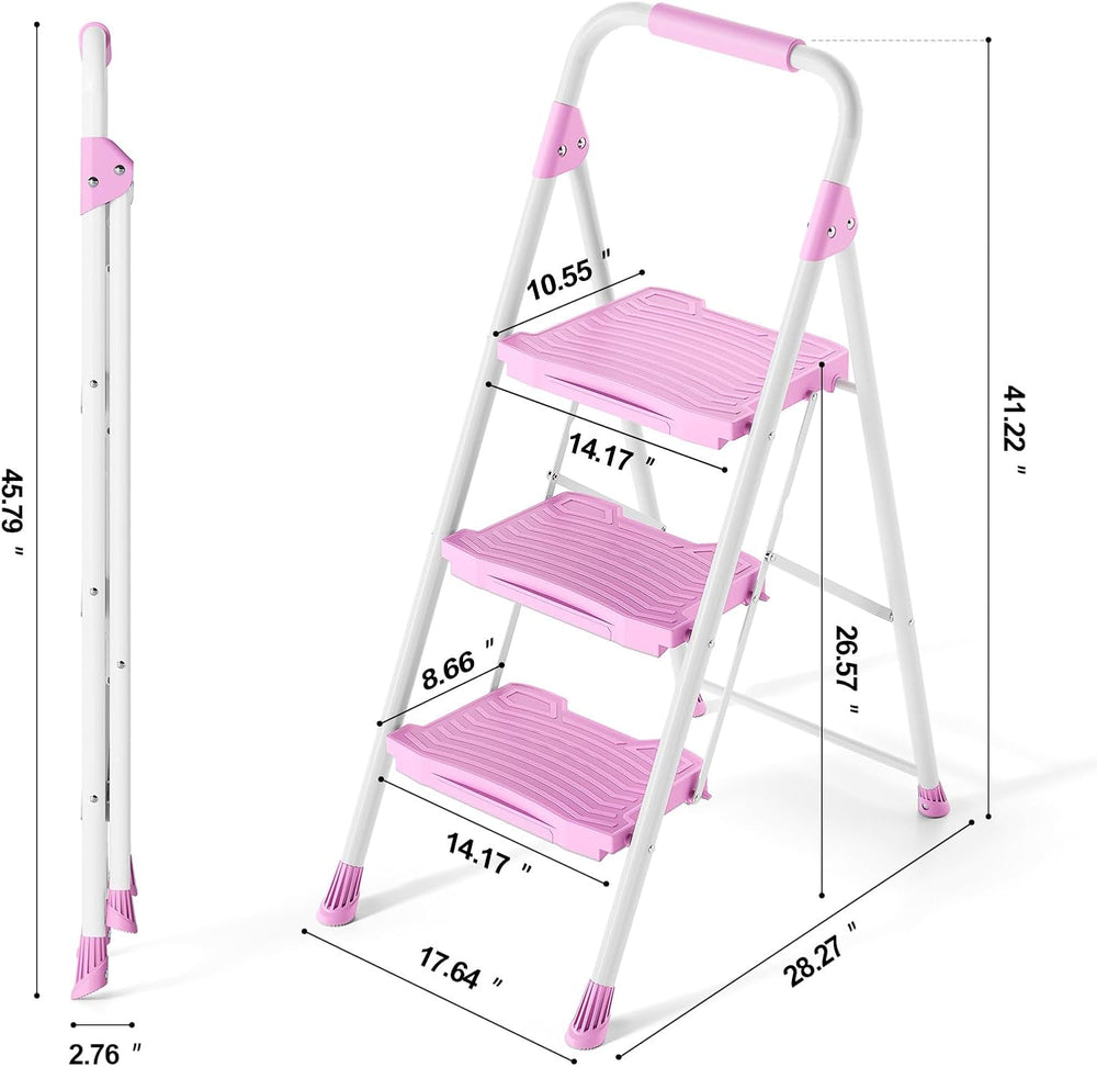KINGRACK 3 Step Ladder, Sturdy Step Stool with Handrail, Anti-Slip Wide Pedal...