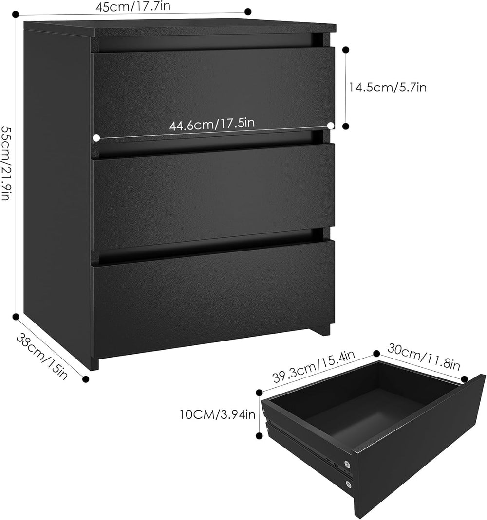 FOTOSOK Nightstands Set of 2, Black Nightstand with 3 Drawers for Bedroom | B...