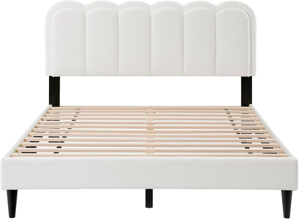 Peanu Queen Boucle Bed Frame, Petal Headboard, Ambient Light, White