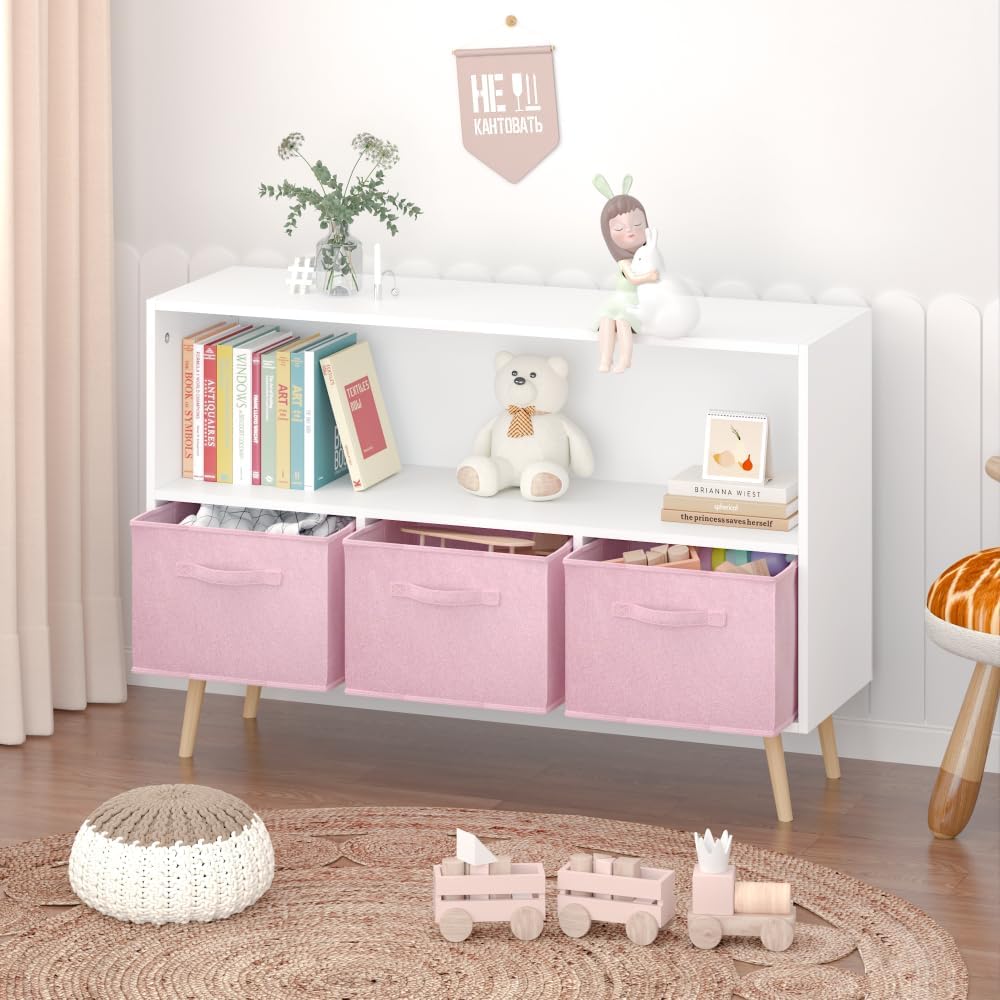 2-Tier Bookcase Bookshelf with Collapsible Fabric Drawers,Cute Book Display S...