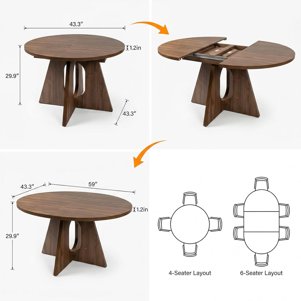 HIPIHOM 43.3"-59" Expandable Round Dining Table, Modern Walnut Kitc...
