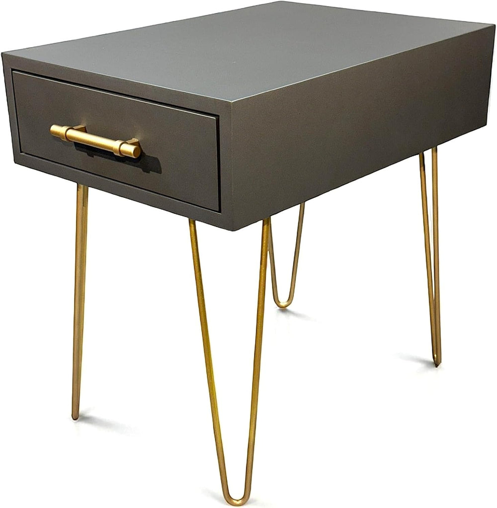 Modern Side Table/Nightstand with Drawer in Gunmetal, with Brass Finish Pull ...