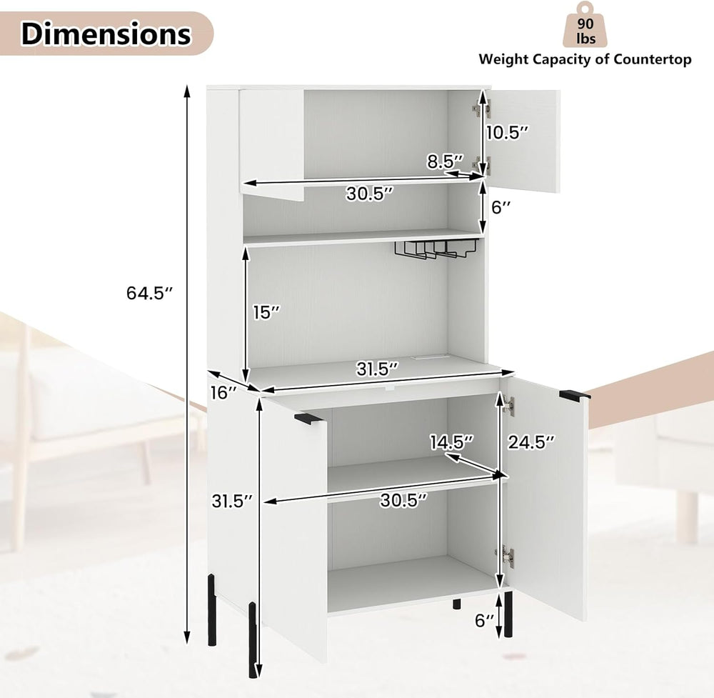 LOKO 64.5” Tall Kitchen Pantry Cabinet, Buffet Sideboard with Charging Statio...
