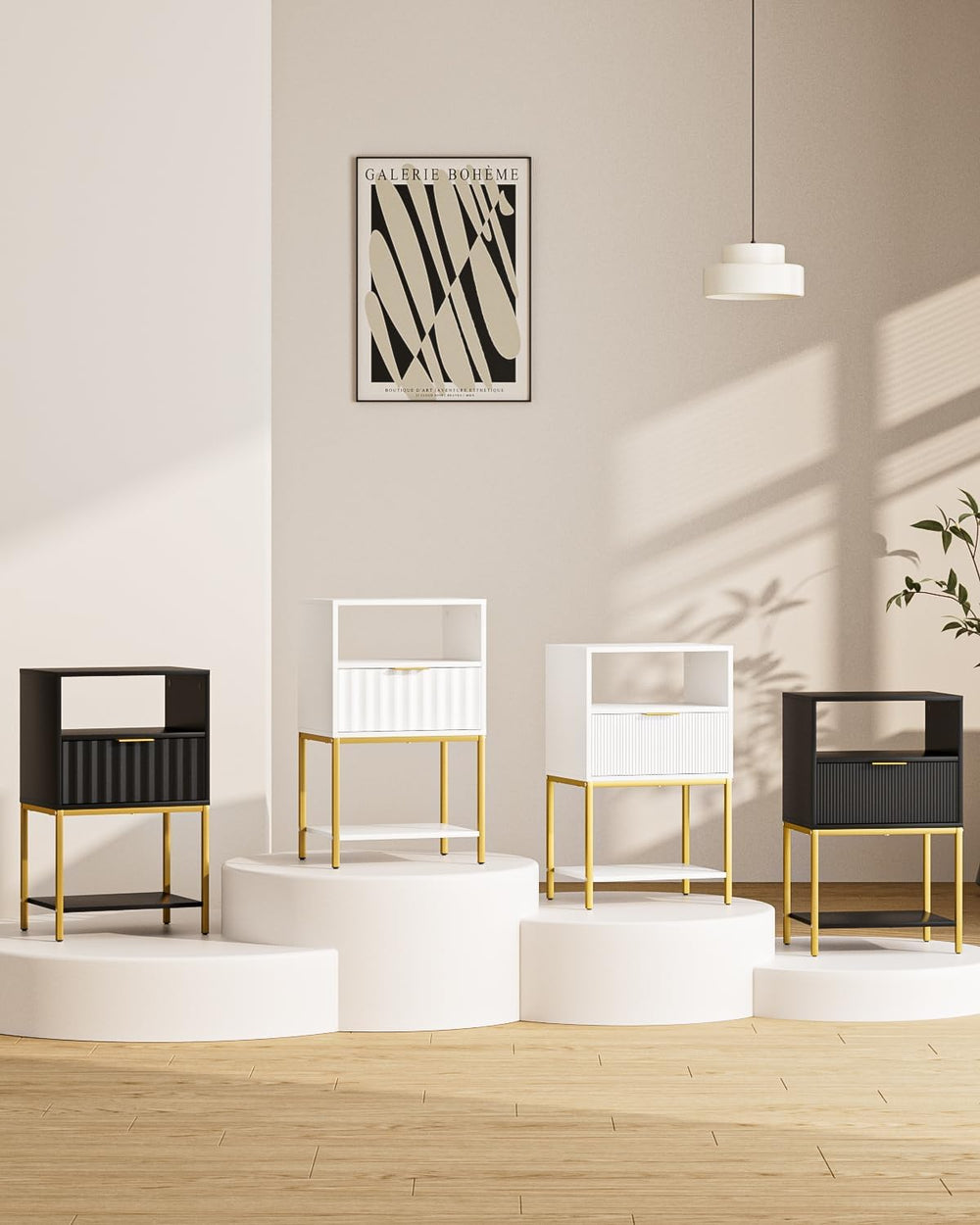 Nightstand,Modern Bedside Table with One Drawer and Two Shelf,White Night Sta...