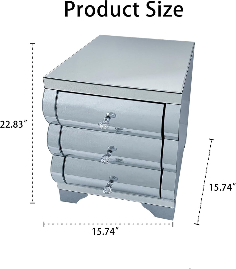 Silver Modern Mirrored Nightstand with 3 Drawers, Baked Curved Glass Bedside ...
