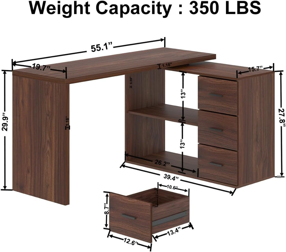 HSH Walnut L Shaped Desk Corner Desk with 3 Storage Drawers 55 inch