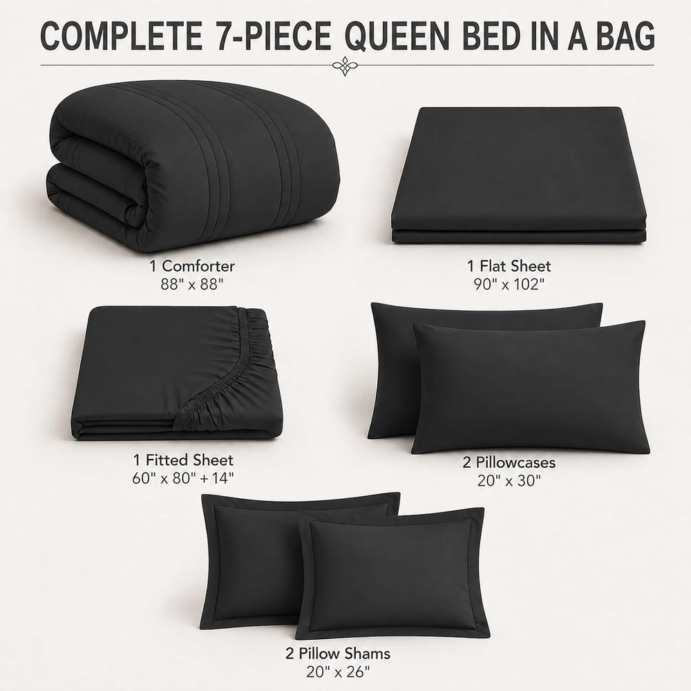 Queen Comforter Set with Sheets, 7-Piece Bed in a Bag Queen Black