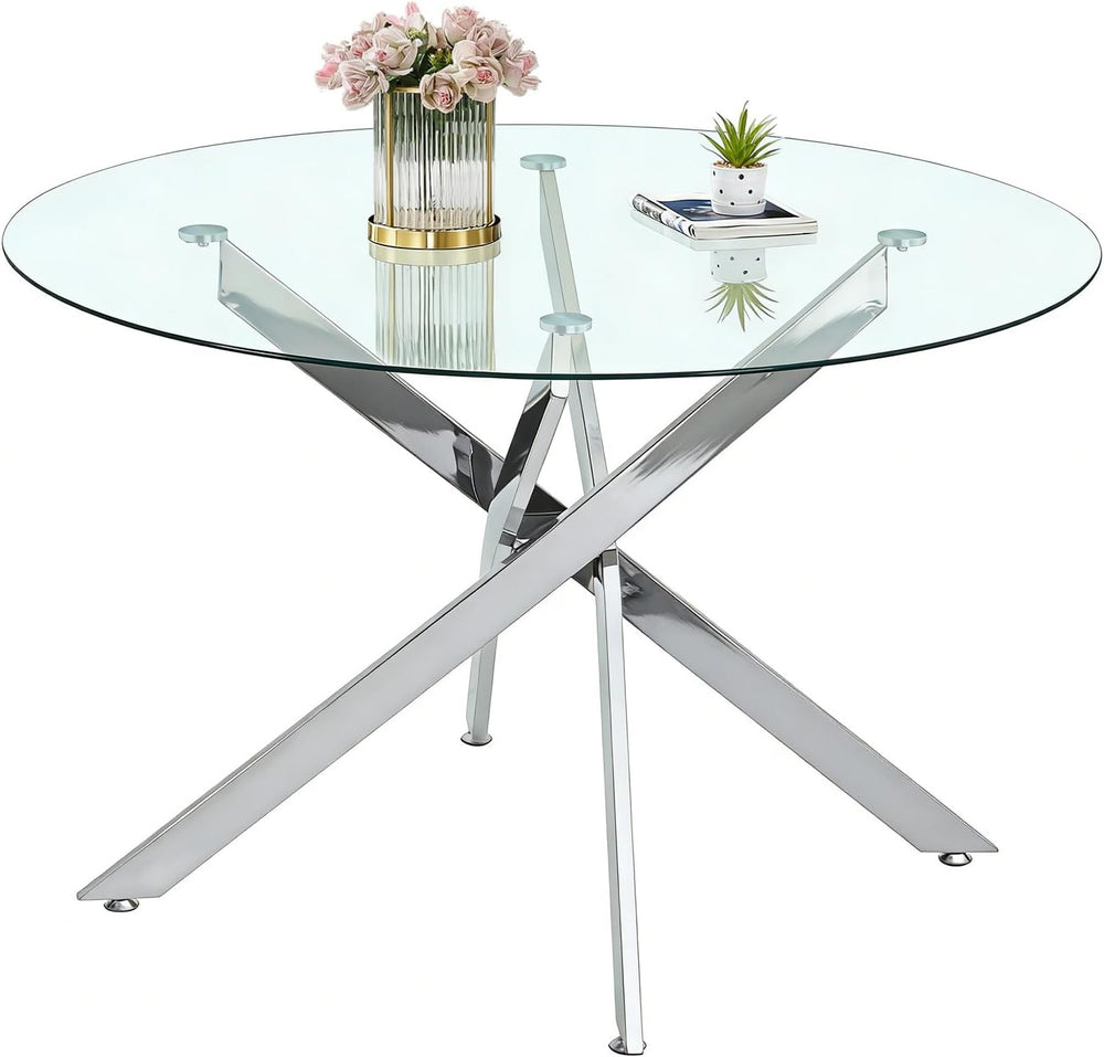 Modern Dining Table for 4-6 People, 47" Round Dining Table with Silver C...