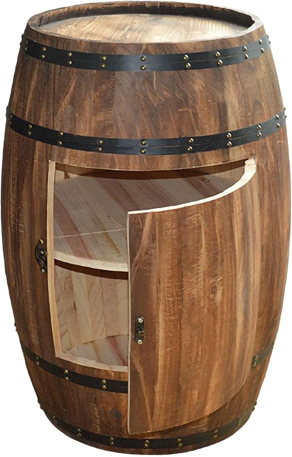 Rustic Wooden Wine Barrel Table - 2-Tier Display Cabinet with Door, Stylish A...