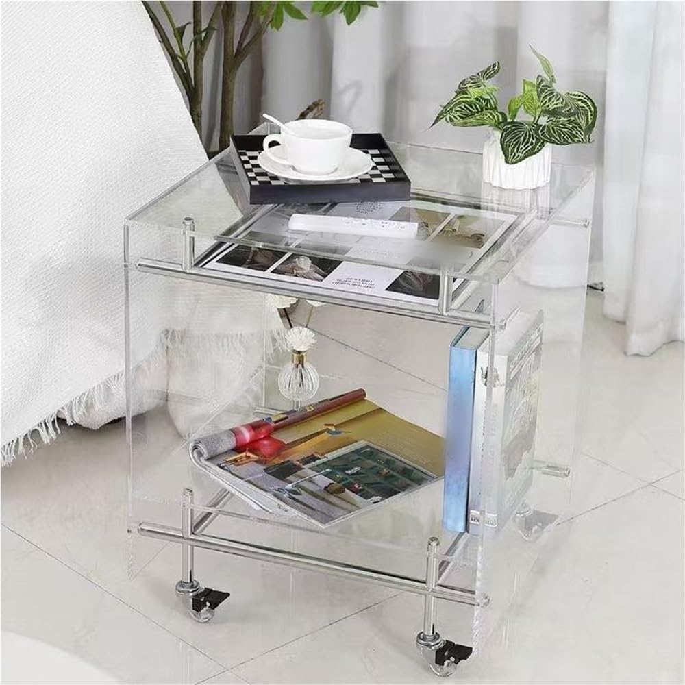 Movable Acrylic Couch Side Table, Creative Double-Layer Night Stand, Transpar...