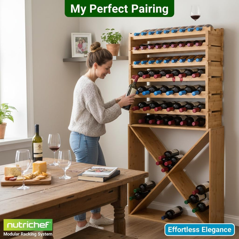 NutriChef Bamboo Wine Rack Freestanding Floor, 8-Tier Wooden Wine Storage She...