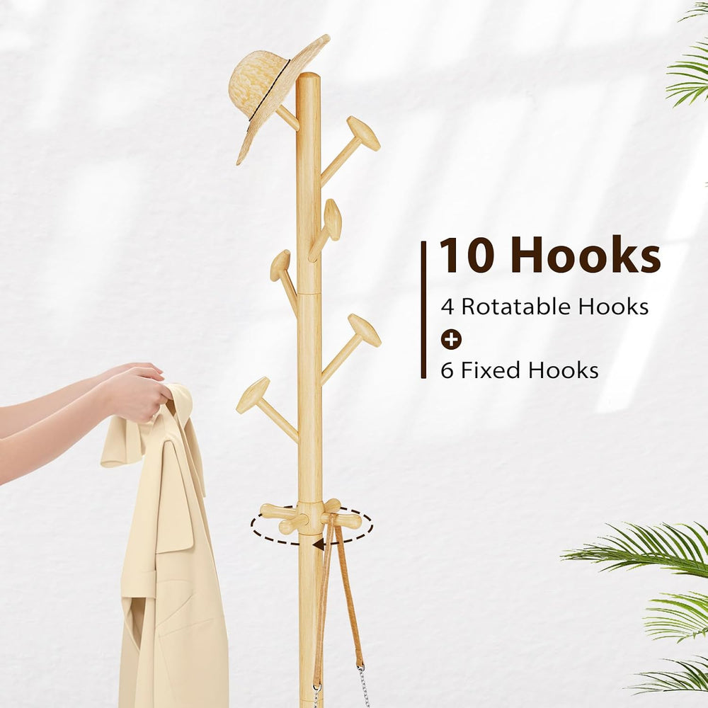 Taitiy Solid Wooden Coat Rack Stand Freestanding Hall Tree with 10 Hooks