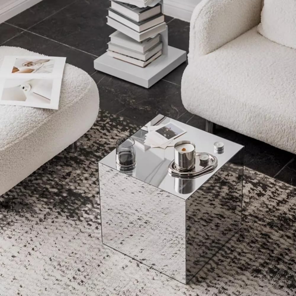 Mirrored Acrylic Cube End Table, Modern Square Side Table, Light Small Accent...