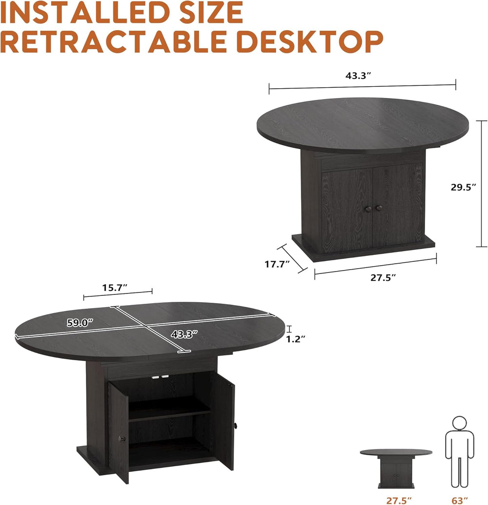 43.3in-59in Extendable Round Dining Table for 4-8, Modern Expandable Kitchen ...
