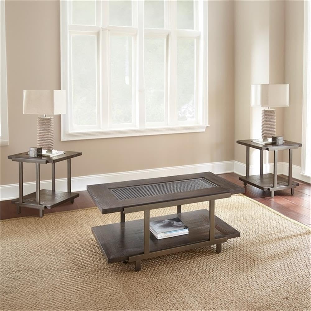 Pemberly Row Contemporary 3-Piece Coffee Table Set, Smoky Brown Finish, Ash V...