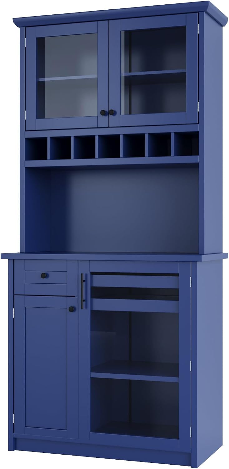 Freestanding Kitchen Pantry with Drawer, Adjustable Shelves & Wine, Blue ...