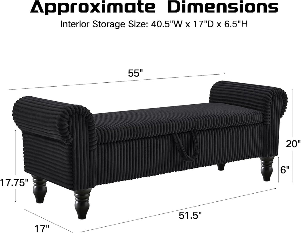 55" Storage Ottoman Bench, Corduroy End of Bed Bench for Bedroom, Black ...