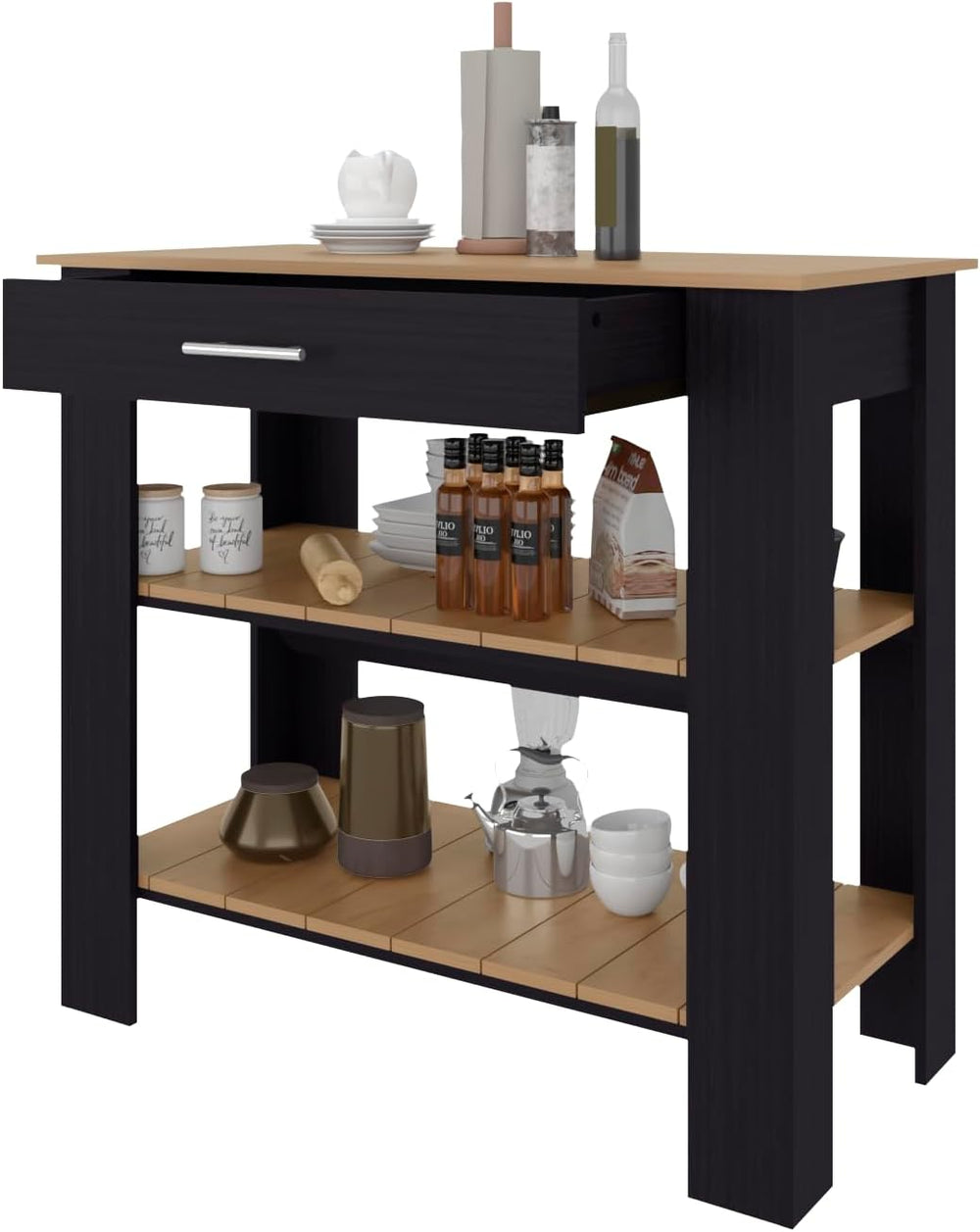 FM FURNITURE Brooklyn 40 Kitchen Island with 2 Shelves and 1 Drawer, Black We...