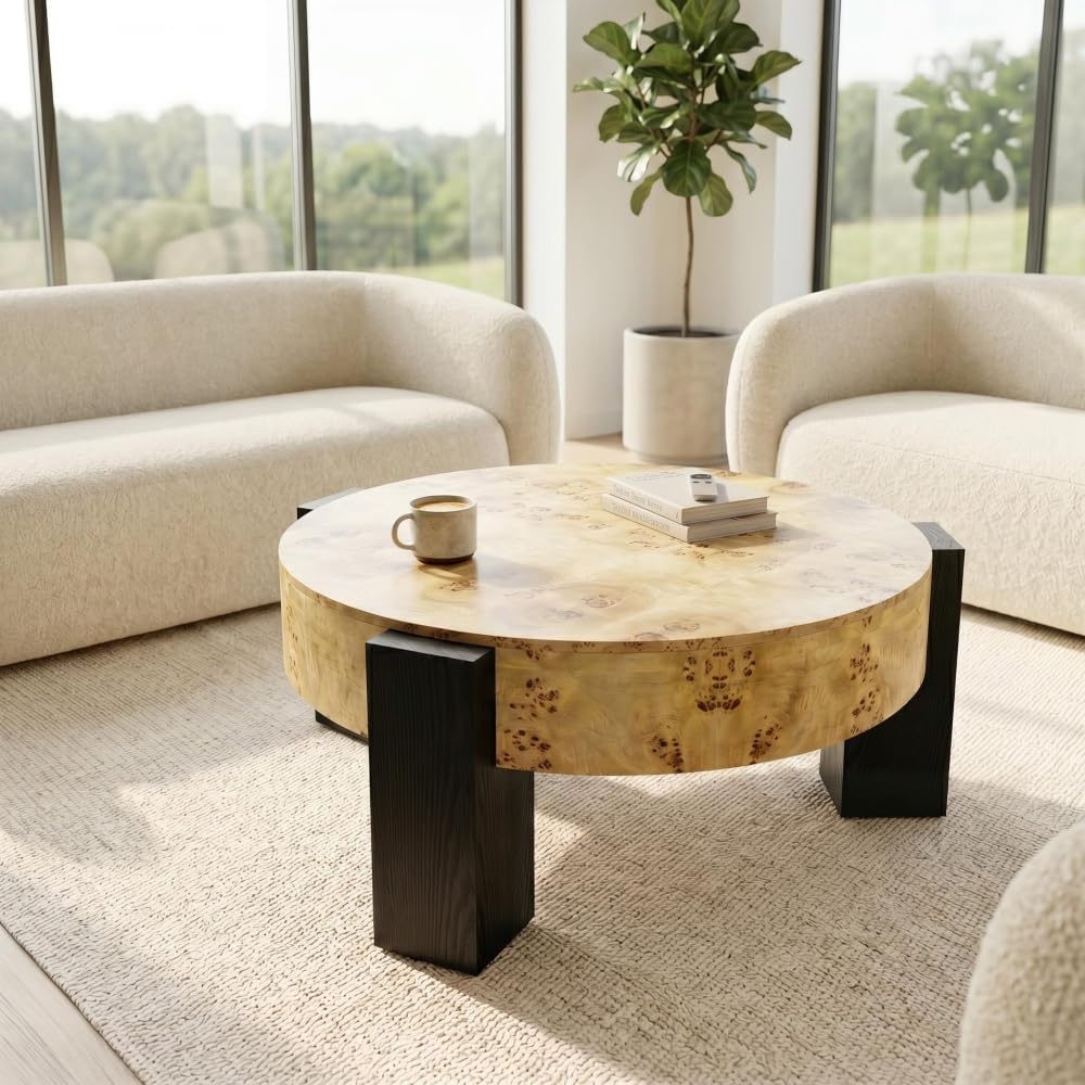 33'' Round Burl Wood Storage Coffee Table, Organic Modern Hidden Comp...
