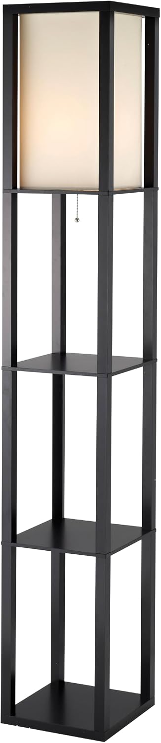 Adesso Shelf Floor Lamp, Black, 3-Tier Storage, Fabric Shade, 72”