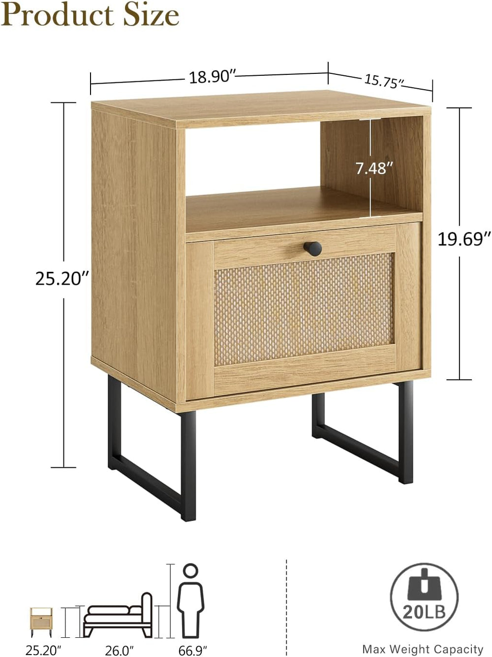 Masupu Extra Large Rattan Nightstand,Modern Boho Farmhouse Wood Bedside Table...