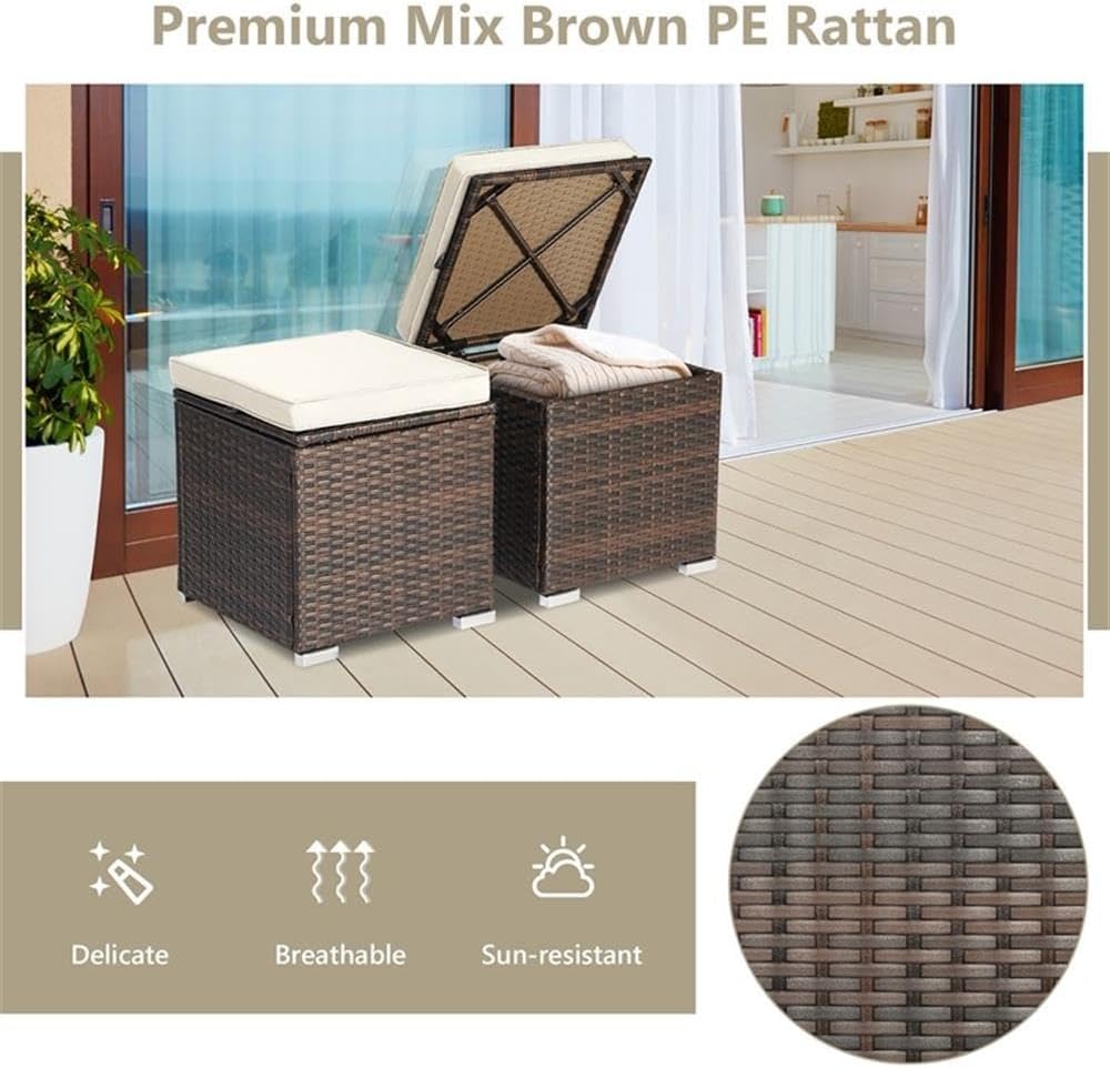 Pemberly Row 2PCS Patio Rattan Ottoman Seat with Storage, Off White, Durable ...