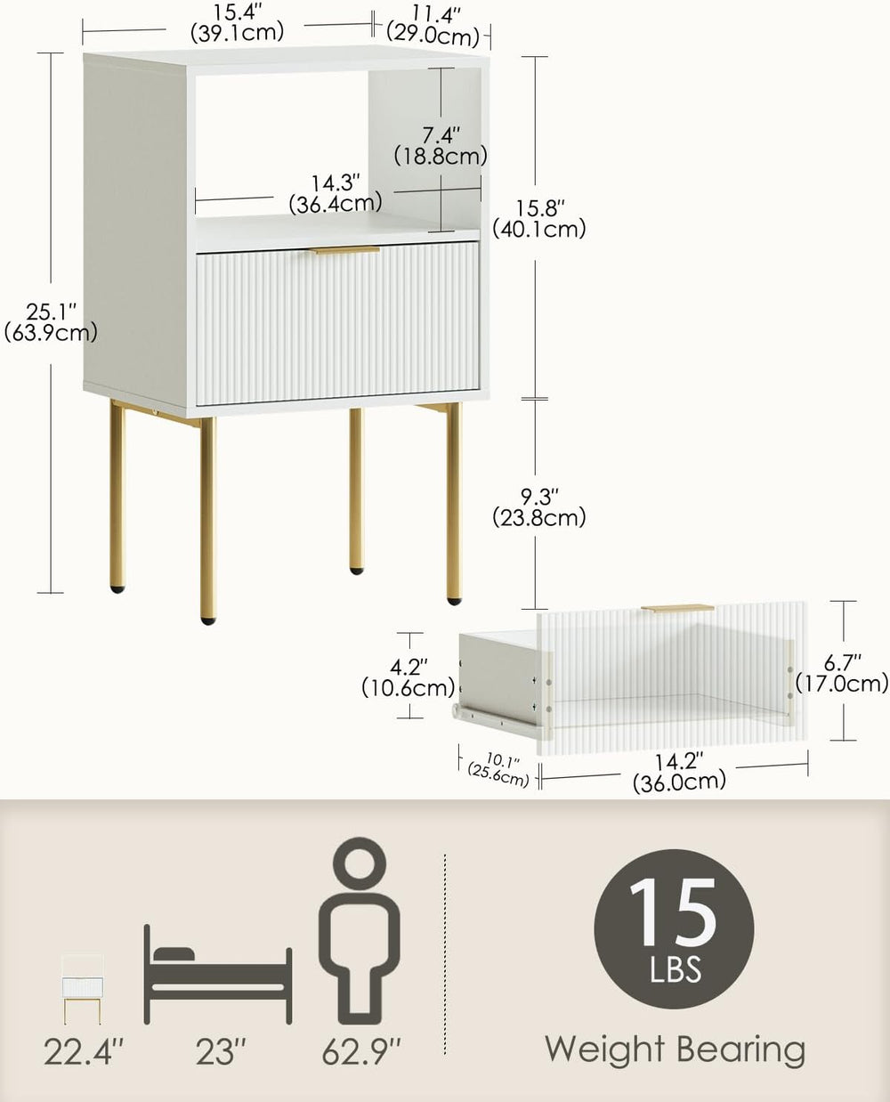 Masupu Night Stand, Mid-Century Bedside Table with Storage Drawer and Open Wo...