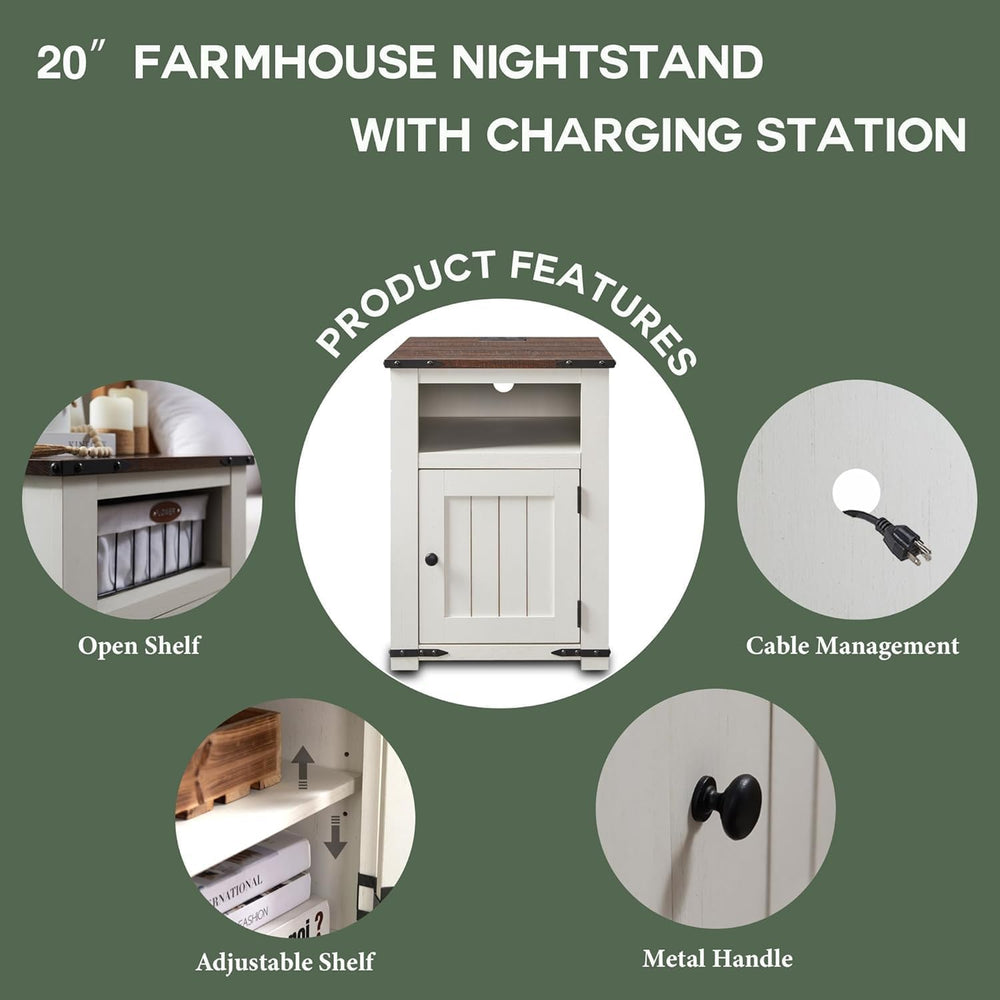 Farmhouse Night Stands Set of 2, 20" End Table w/Charging Station, Rusti...