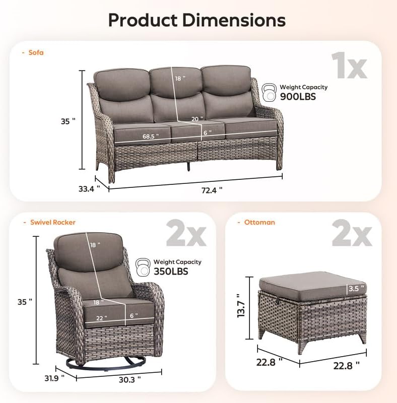 5 Piece Outdoor Wicker Patio Furniture Sets with Swivel High Back 6''...