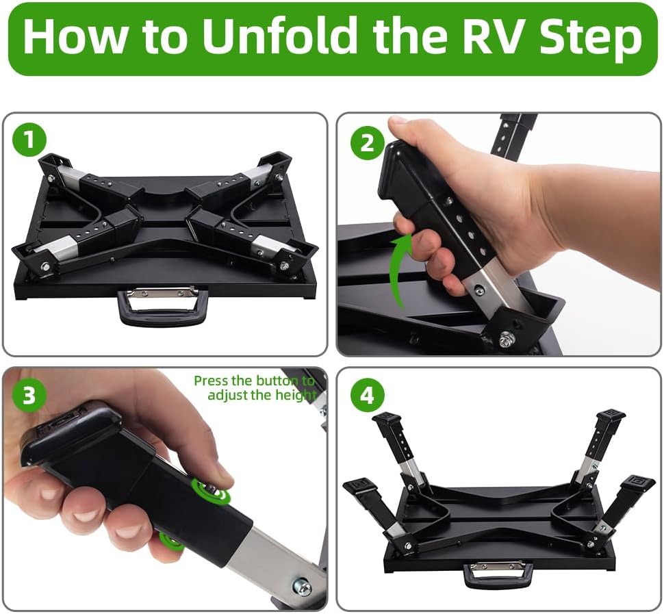 Adjustable RV Step Stool, Folding Platform with Reflective Strip, Black