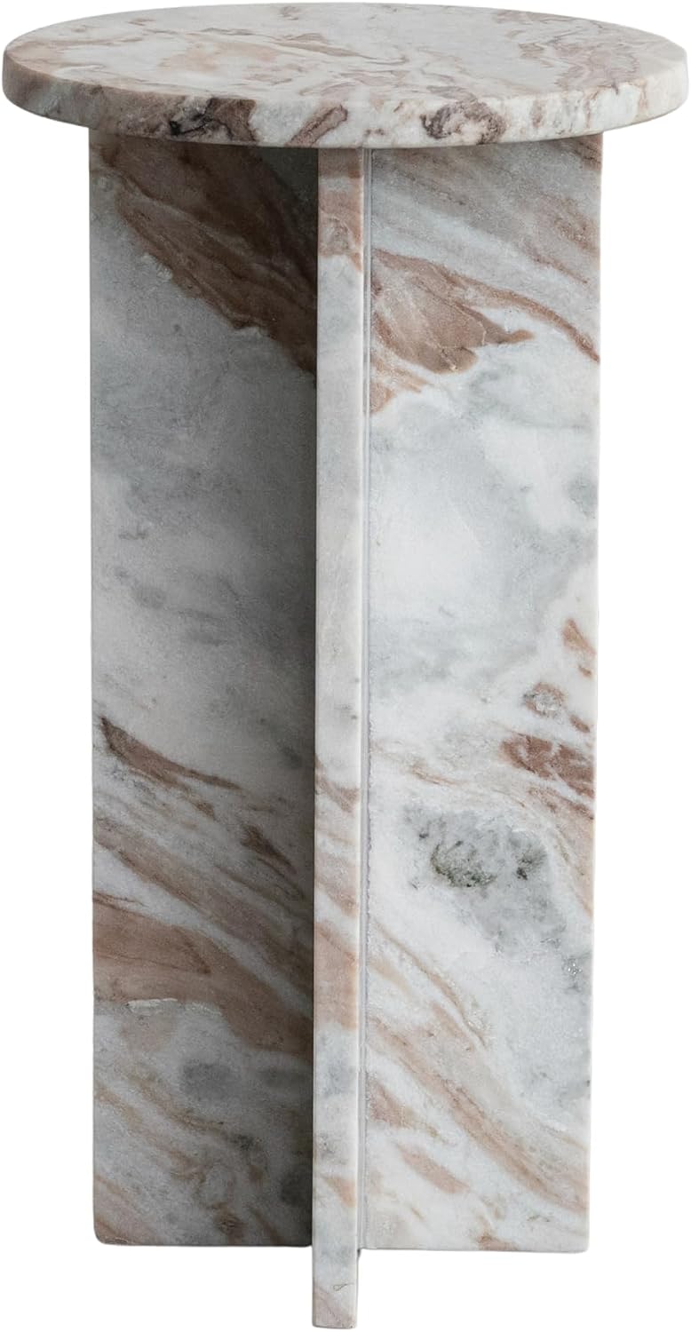 Creative Co-Op Round Torrento Marble Accent Table, Brown