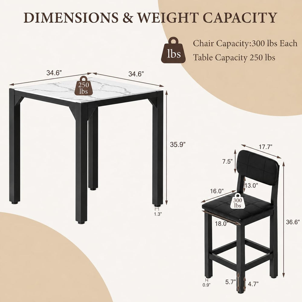 5-Piece Counter Height Dining Table Set for 4, Marble-Look, Black