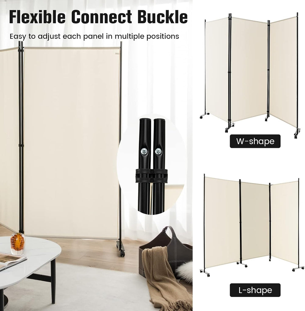 3 Panels Folding Privacy Screen, 6FT White Rolling Room Divider
