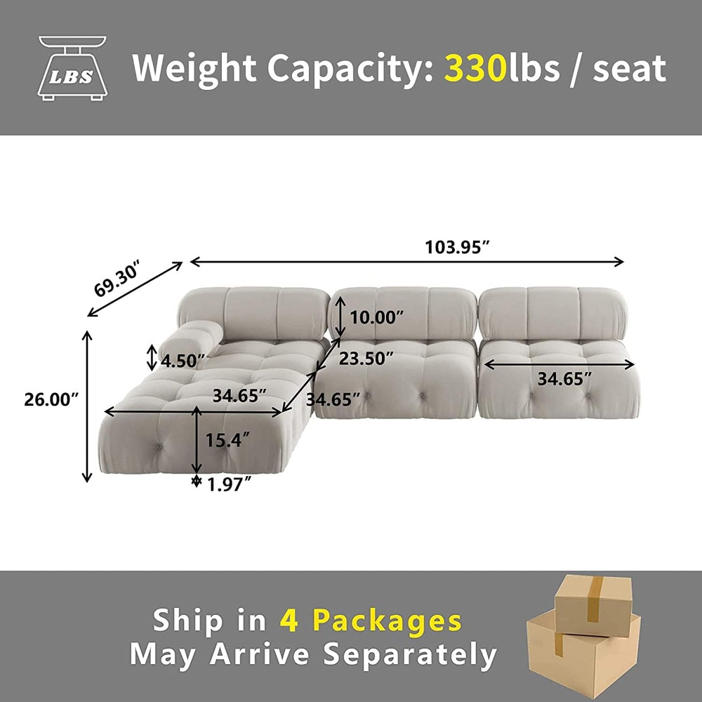 JACH L-Shaped Sectional Couch, 104'' Minimalist Velvet Floor Sofas Co...