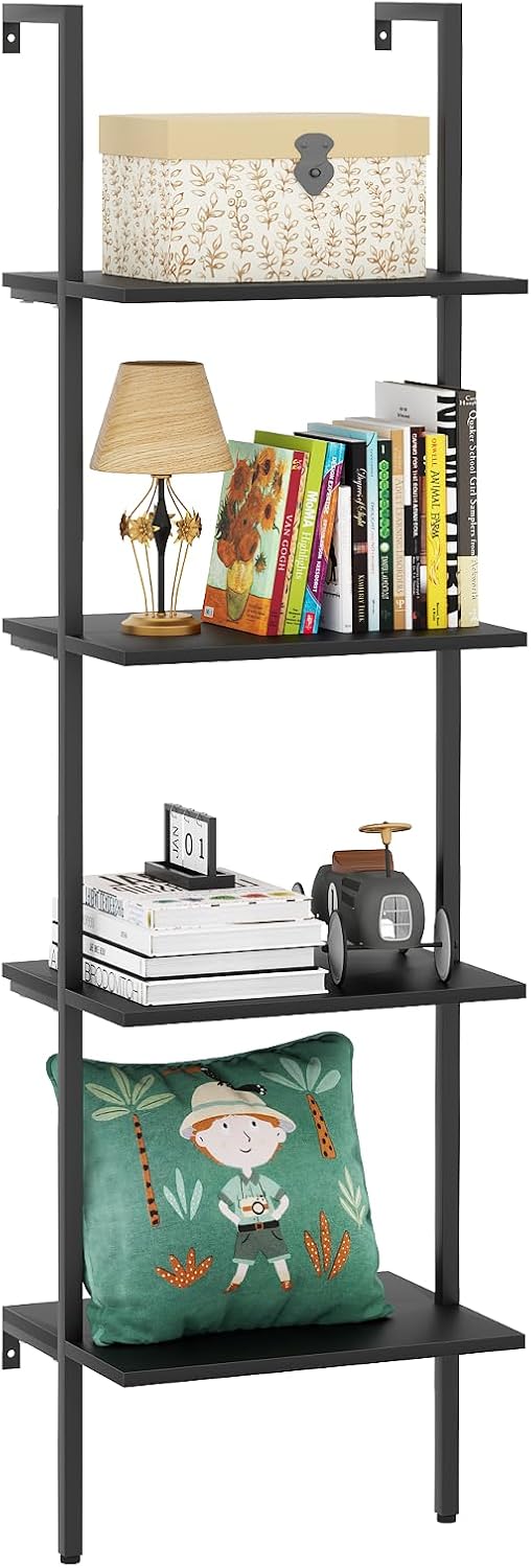Ladder Shelf 4 Tiers Metal Industrial Bookshelf,Black Wooden Tall Open Storag...