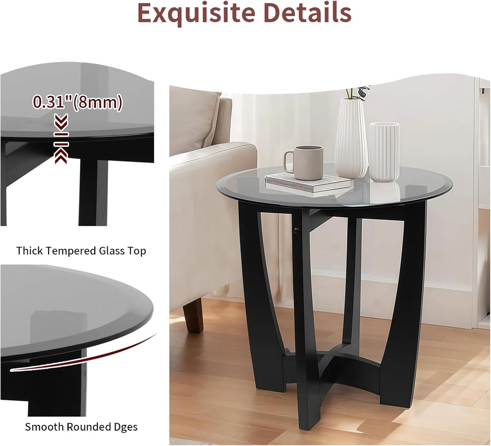 LKTART Glass End Table, 23.5" Round Side Tables with Black Tempered Glas...
