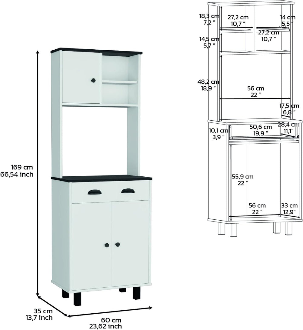 67" H Kitchen Pantry with Two Cabinets, Two Open Shelves, and One Drawer...