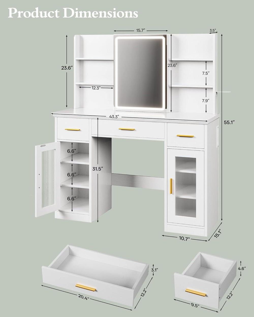 Memobarco 43.5-inch Large White Makeup Vanity Desk with Sliding Mirror | Smar...