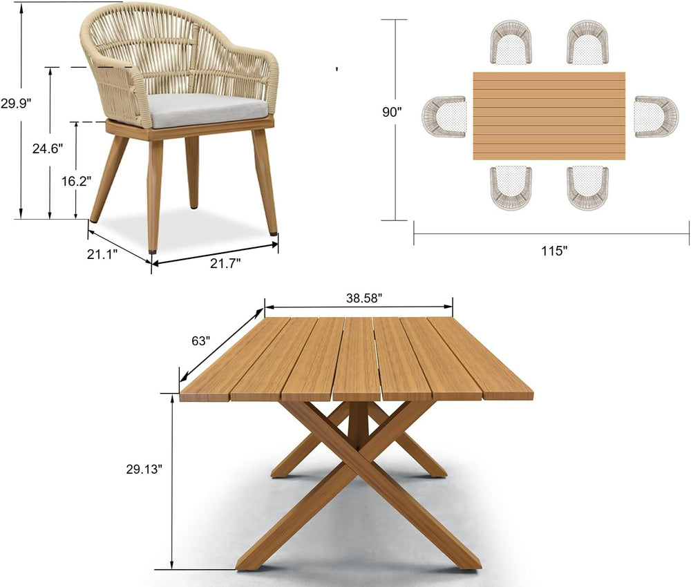 PURPLE LEAF 7 Pieces Patio Dining Set with Rattan Chairs Cushion, Teak