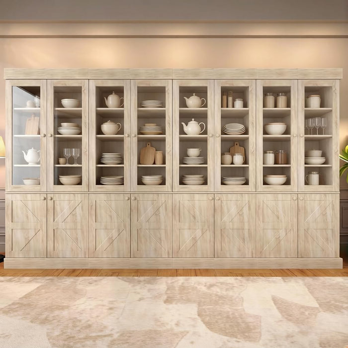 ivaniti 71" Tall Kitchen Pantry Cabinet, Rustic Farmhouse Storage Hutch with Glass Doors & Adjustable Shelves, Freestanding Wood Buffet Cabinet for Dining Room, Living Room, Brown (Set of 4)